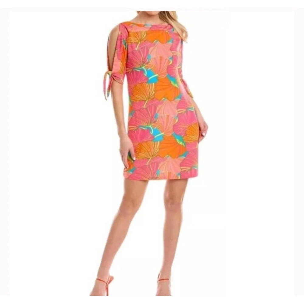 Trina Turk Women's Floral Ginkgo Tie‑Sleeve Tropical Vacation Dress Size M